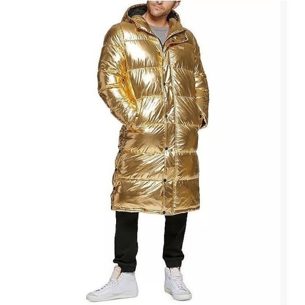 Levi Strauss & Co Mens Metallic Gold Long Puffer Parka Hooded Jacket Sz L NEW